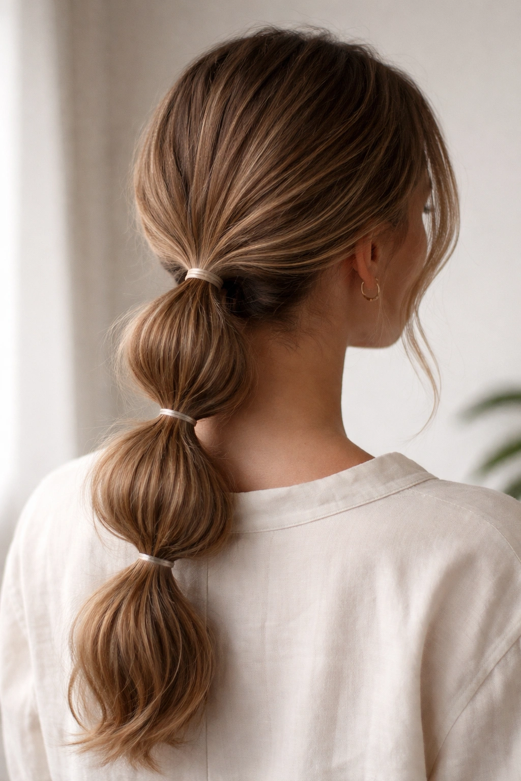 Rear view of a low bubble ponytail with large rounded segments at the nape