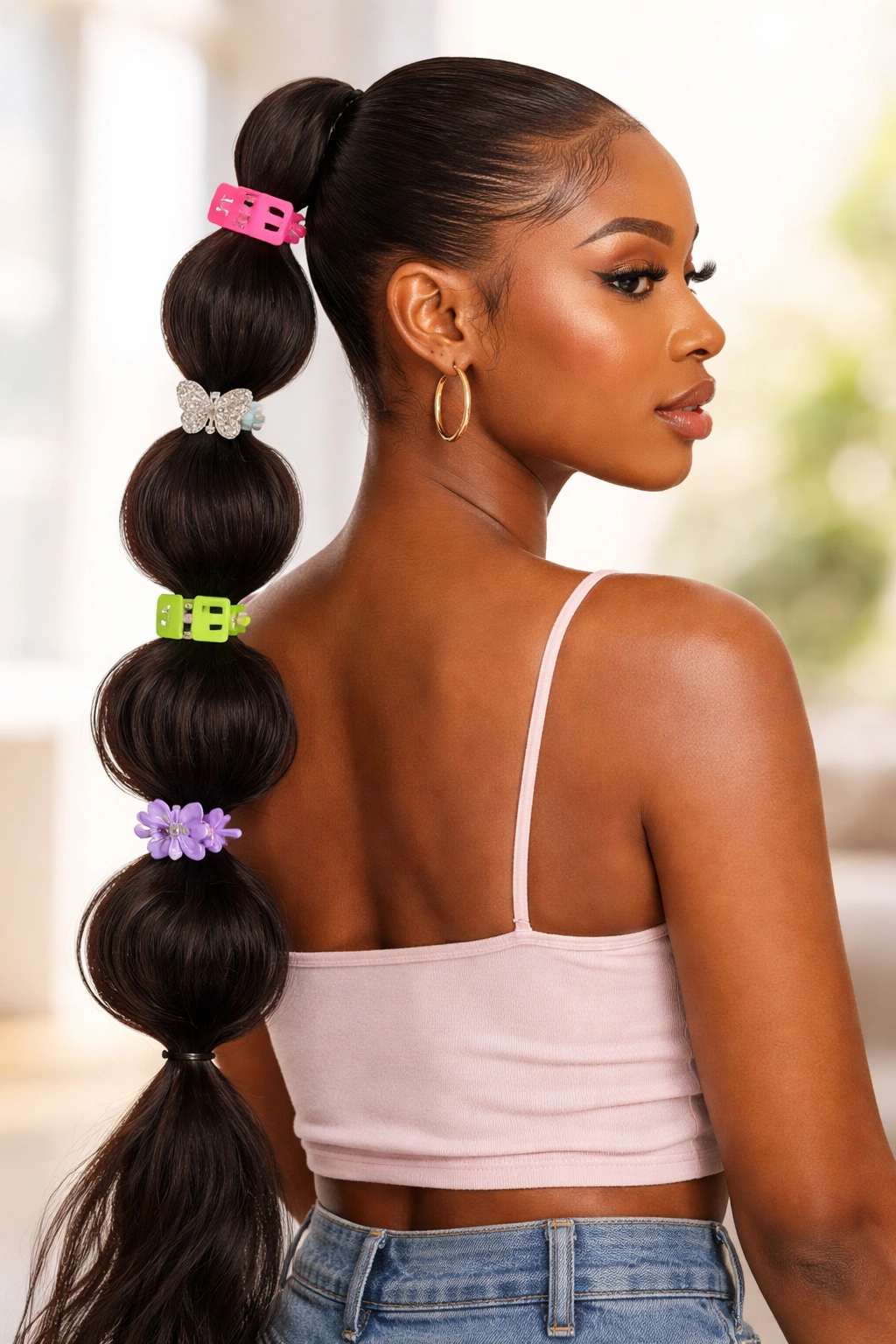 Bubble ponytail with mismatched colorful clips