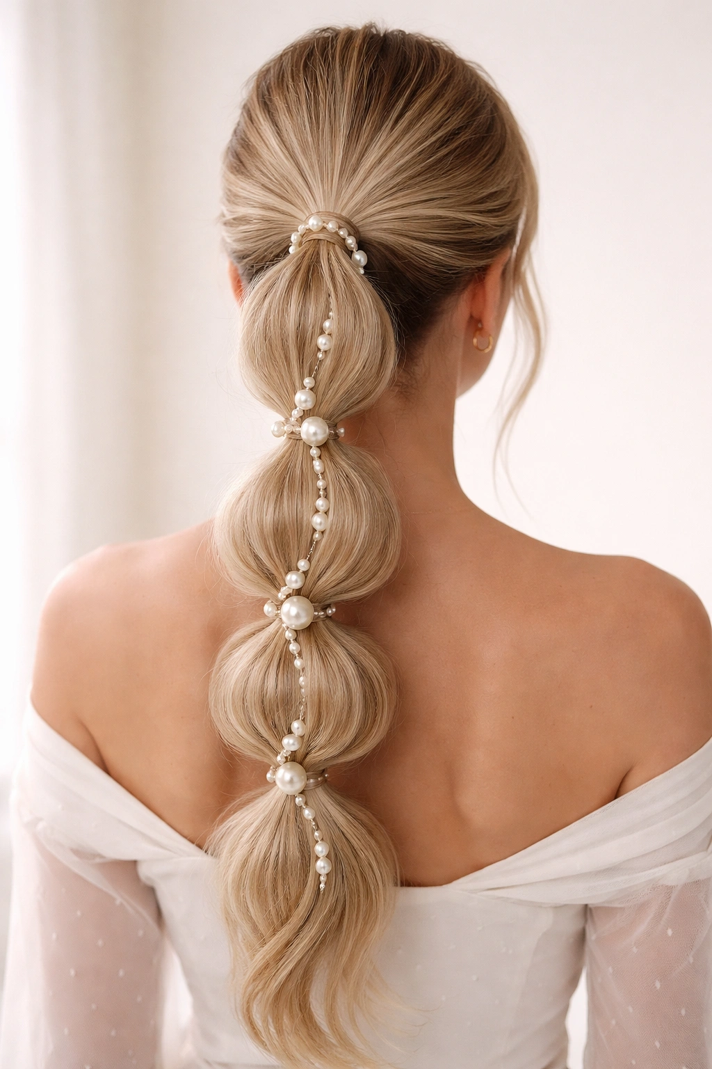 Back view of bubble ponytail with pearls between bubbles