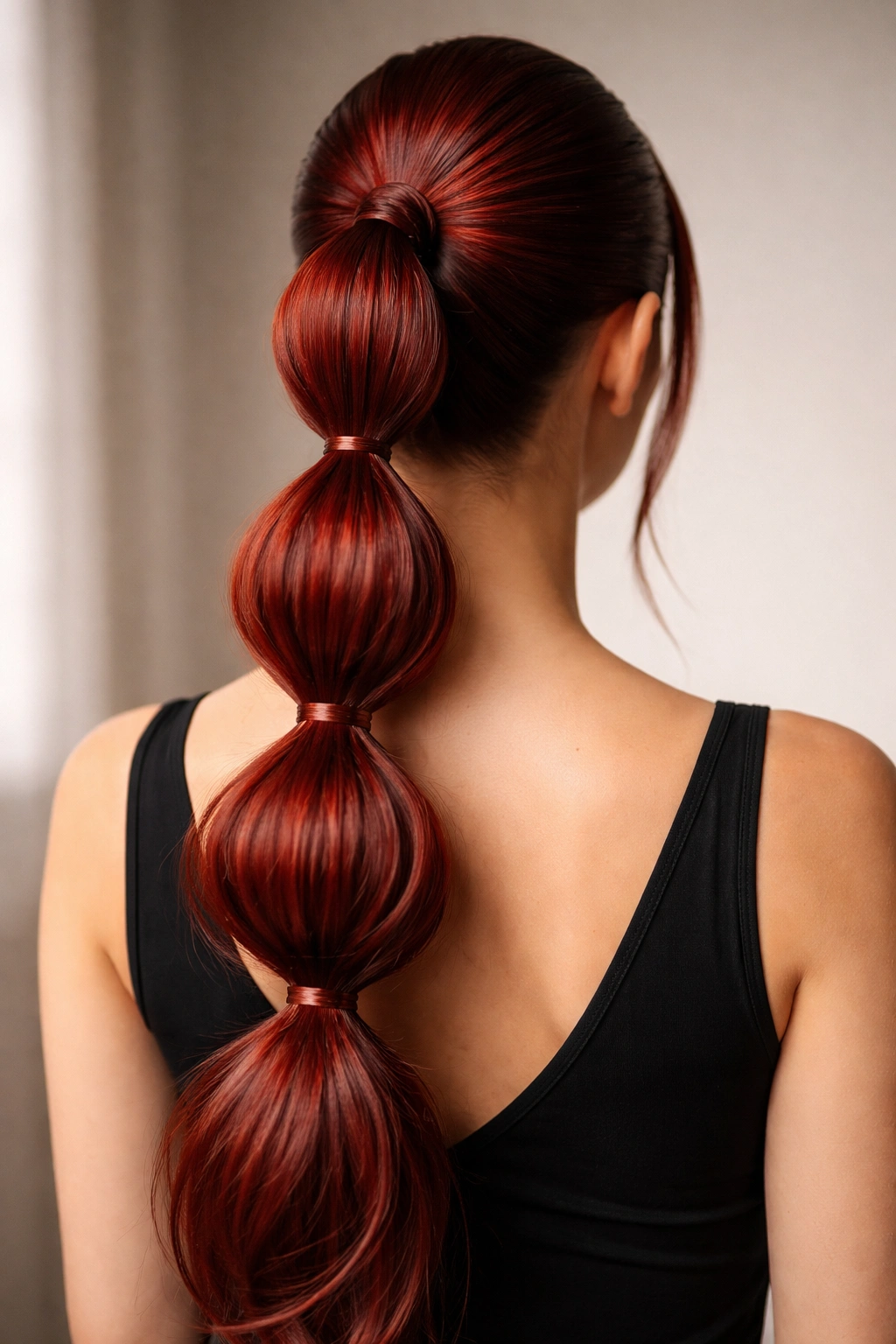 Back view of a red-haired bubble ponytail with evenly spaced elastics