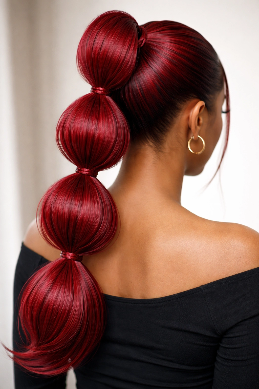 Back view of a bubble ponytail showing stacked red weave segments