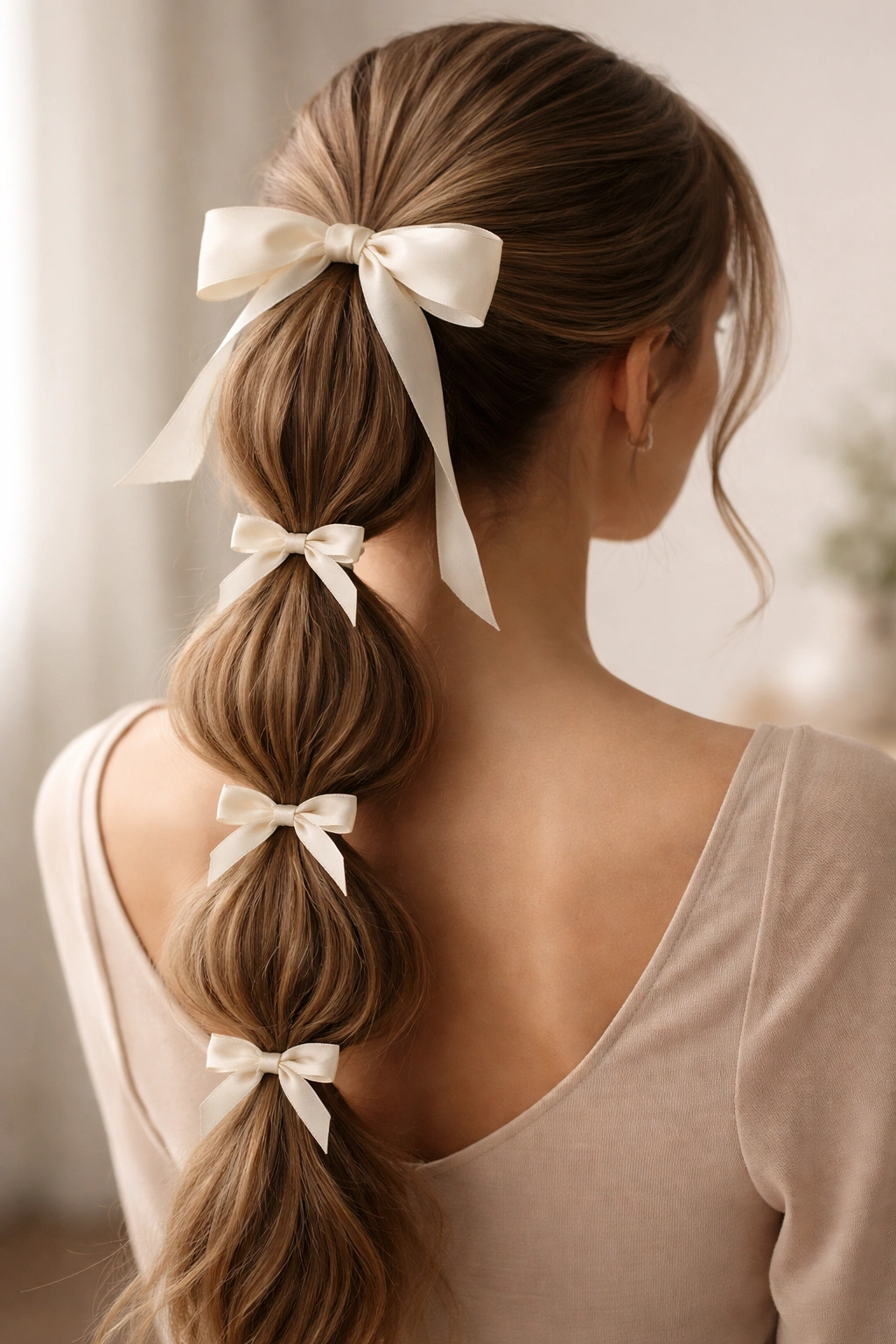 Bubble ponytail with ribbon ties showing distinct bubble sections