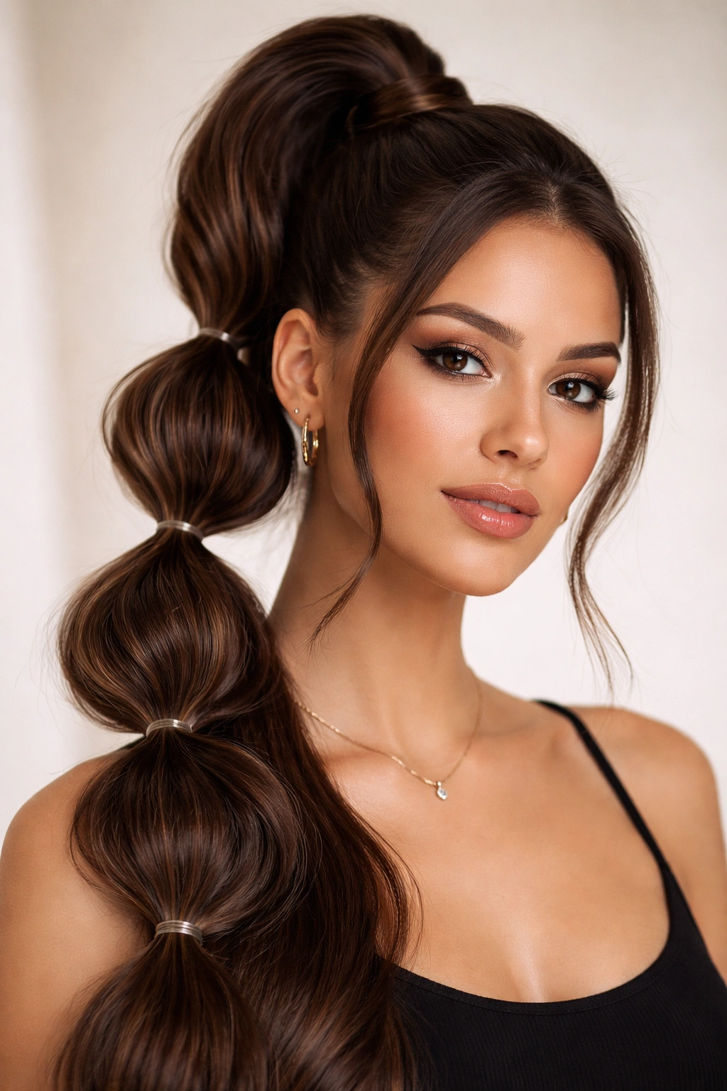 Bubble ponytail with distinct rounded segments and face-framing strands