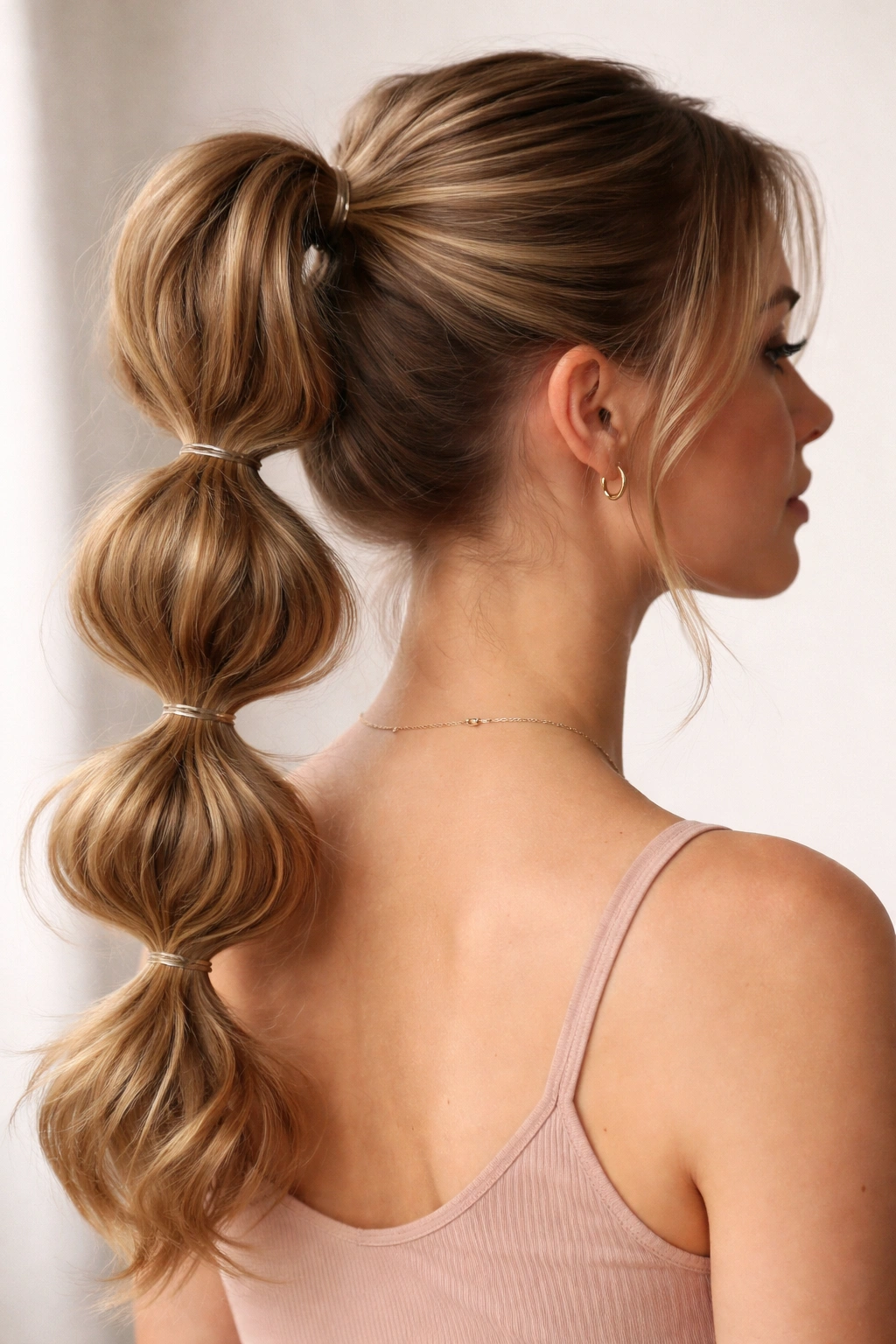 Bubble ponytail with multiple segmented sections along the length