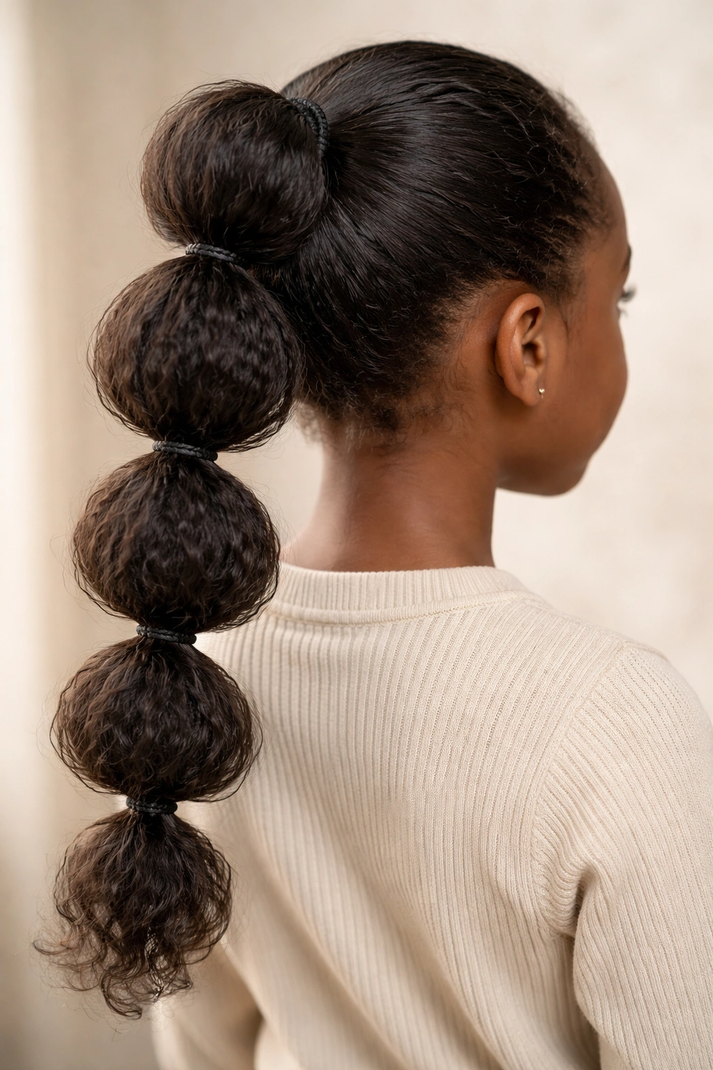 Back view of a bubble ponytail with multiple elastics forming distinct sections.