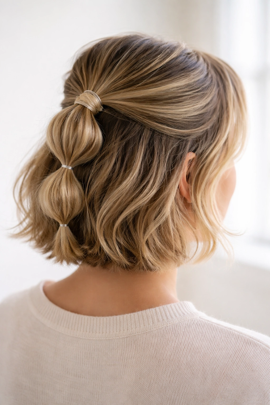 Back view of a bubble ponytail half-up on short hair showing stacked bubbles