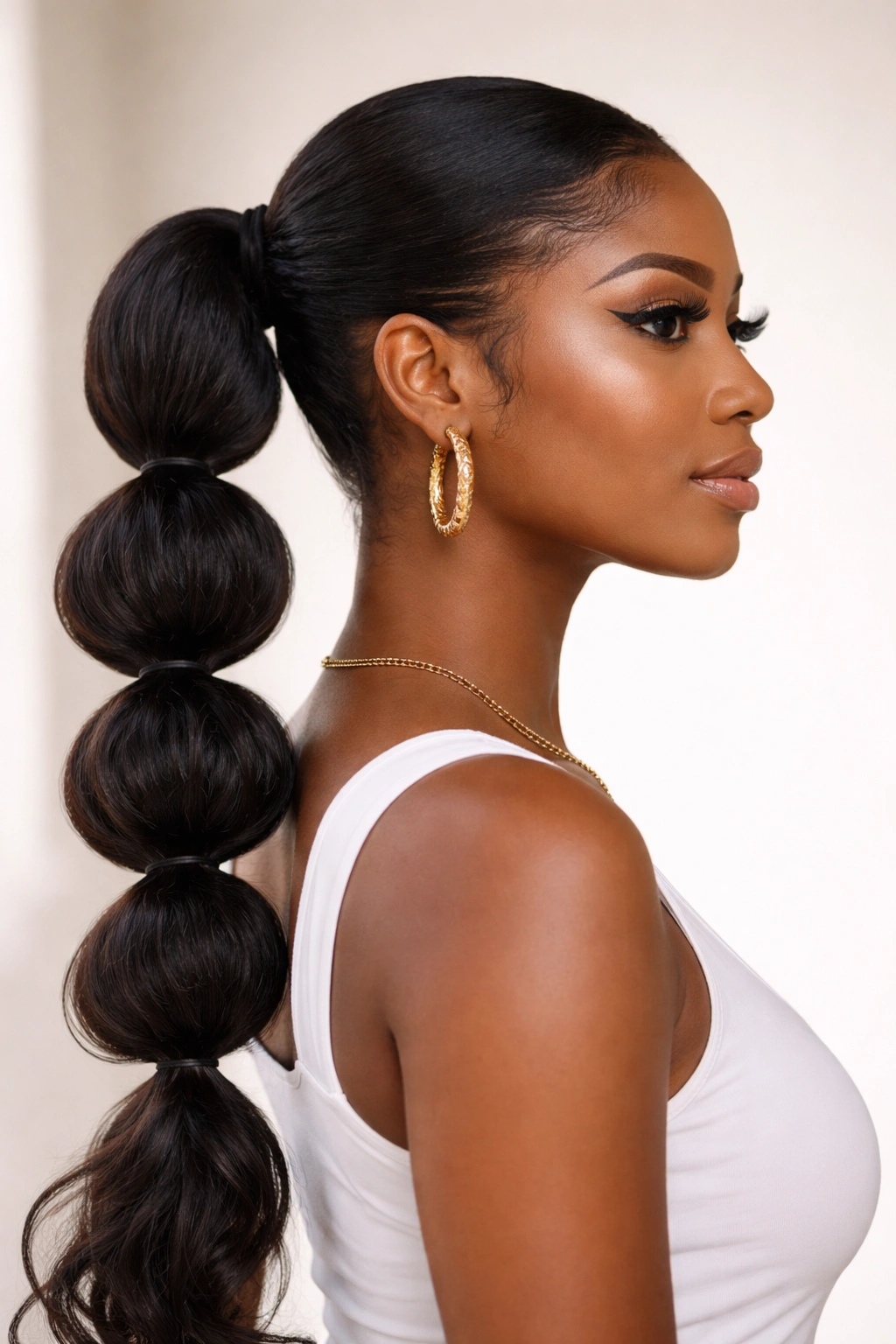 Side view of a bubble ponytail with stacked bubble sections