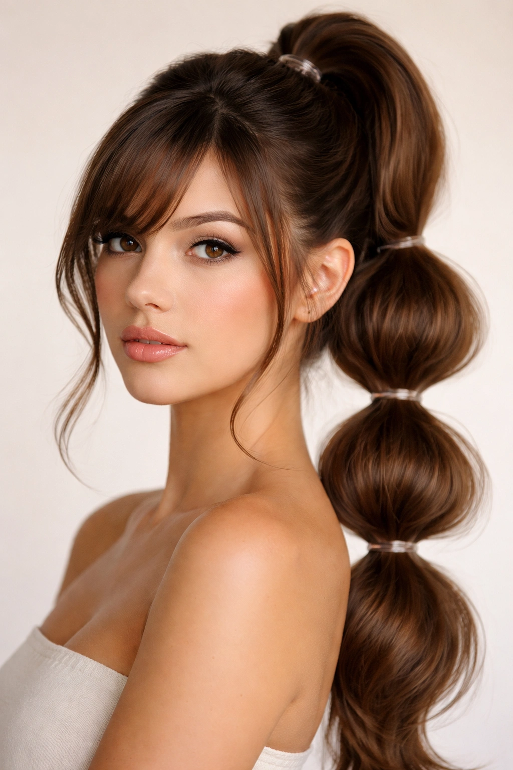Close-up of a high bubble ponytail with side bangs showing distinct bubble sections