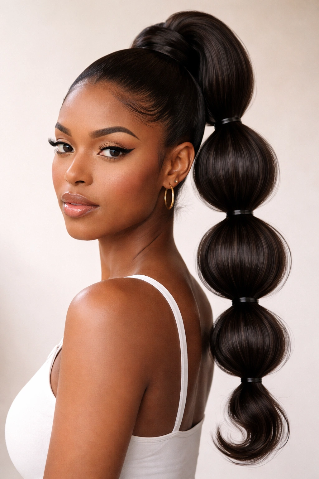 High ponytail segmented into multiple bubble sections