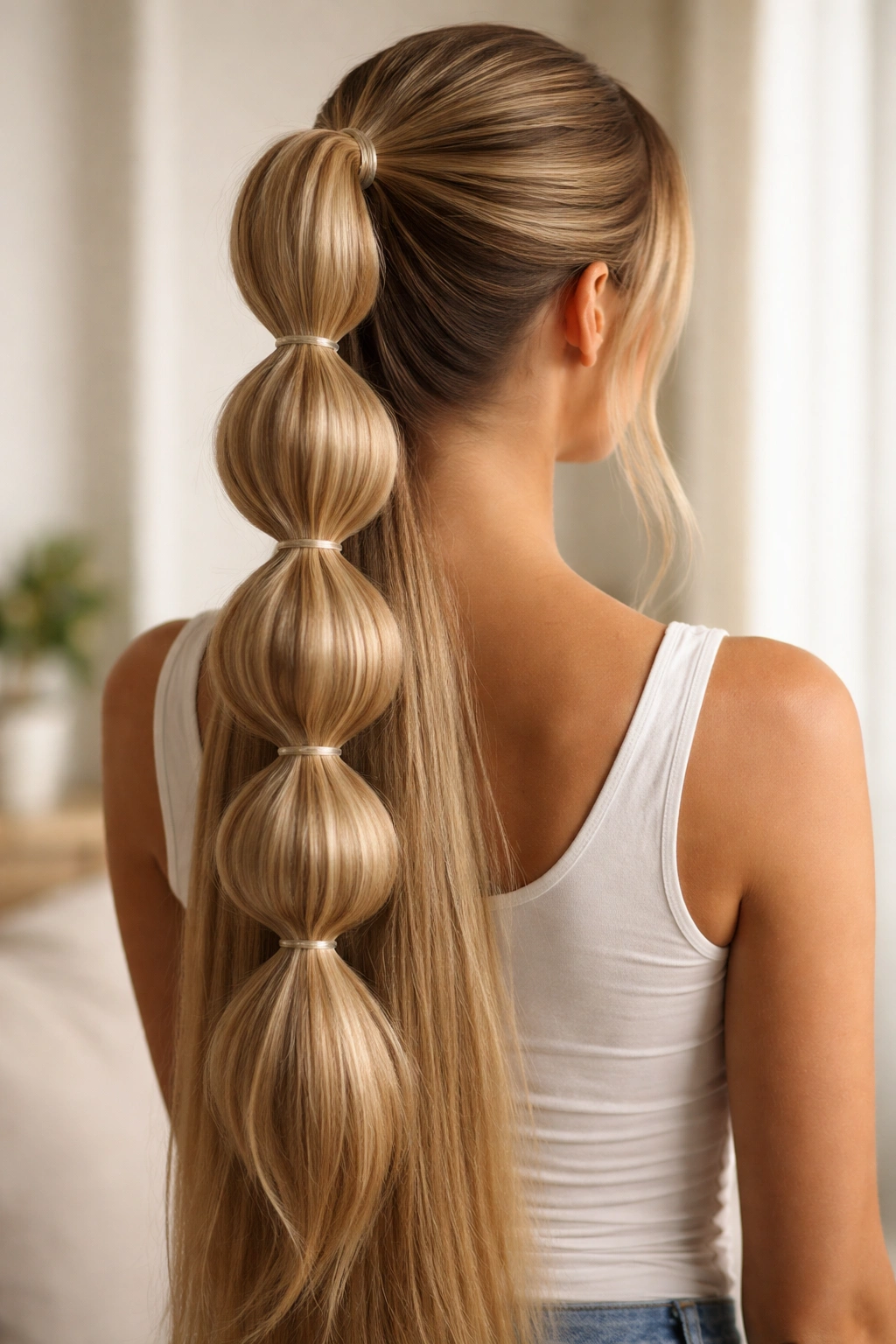 Bubble ponytail with evenly spaced segments on straight hair