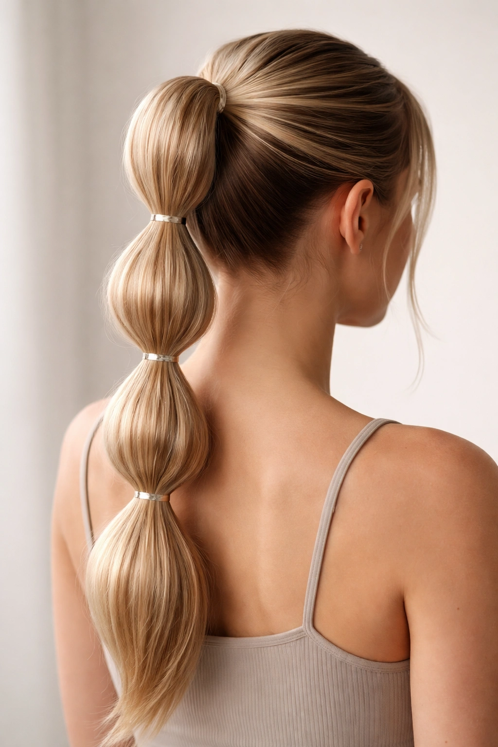 Bubble ponytail close-up with segmented bubbles on straight hair