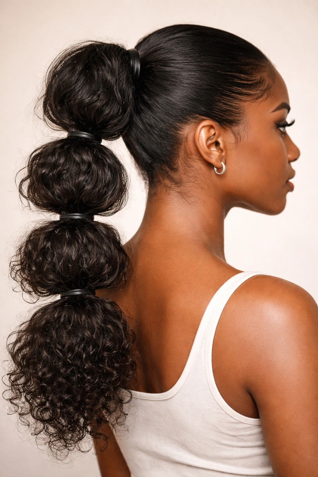 Ponytail with evenly spaced bubbles created by elastics down its length