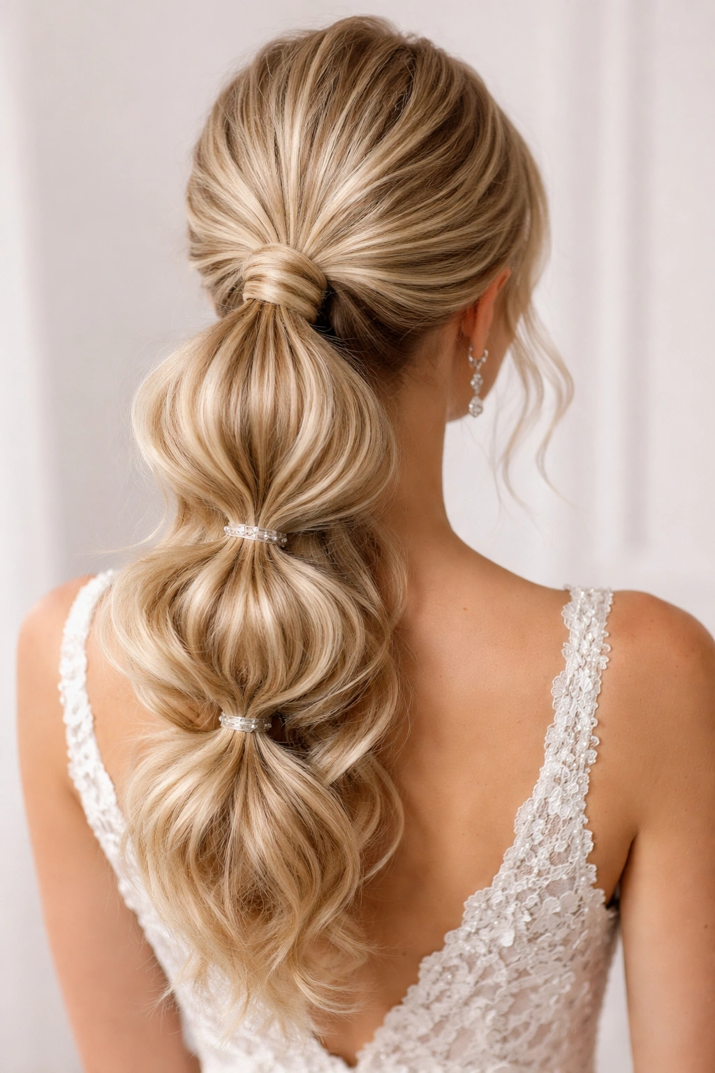 Back view of a ponytail with multiple bubble sections and textured curls