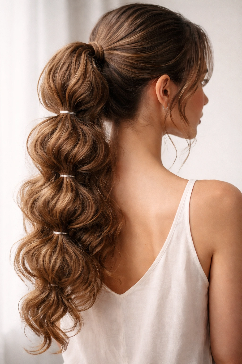 Close-up of bubble ponytail with textured sections in wavy hair