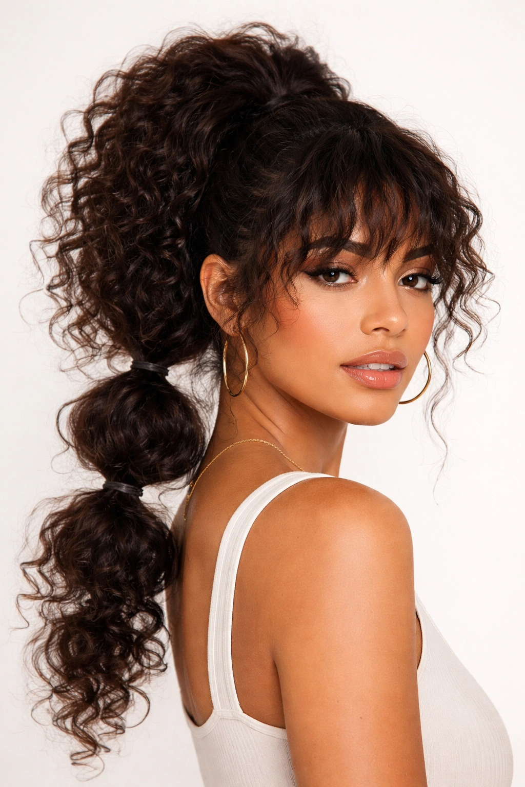 Bubble ponytail with textured bangs showing multiple hair bubbles and curls