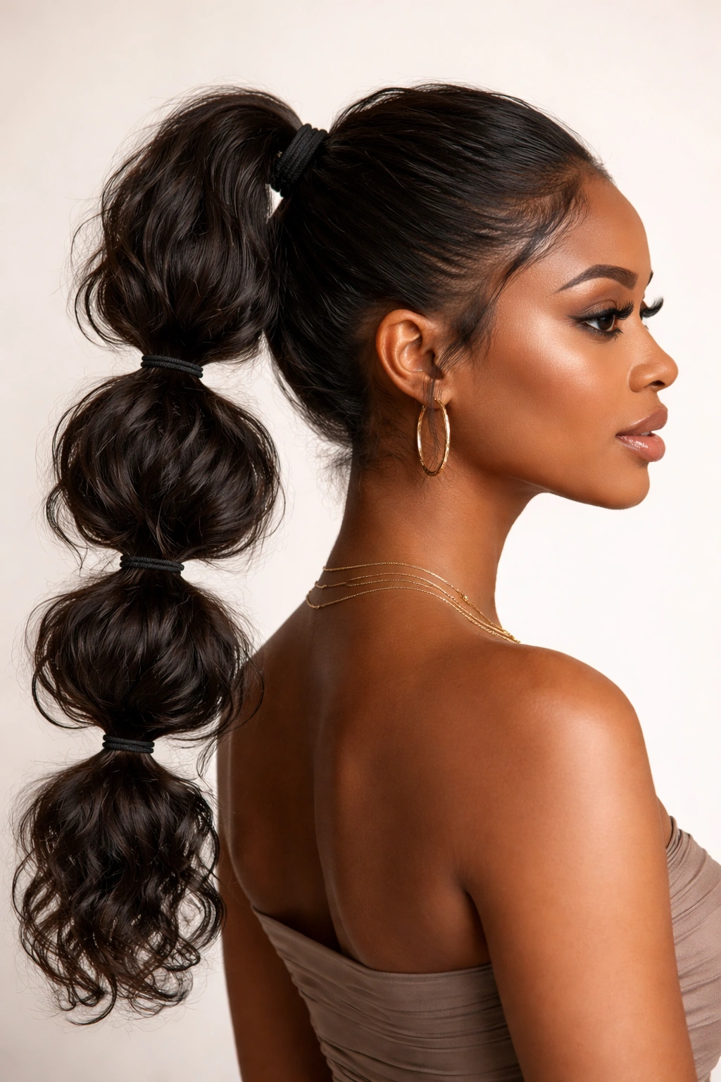Close-up of a bubble ponytail with 3-5 textured bubbles on wavy hair
