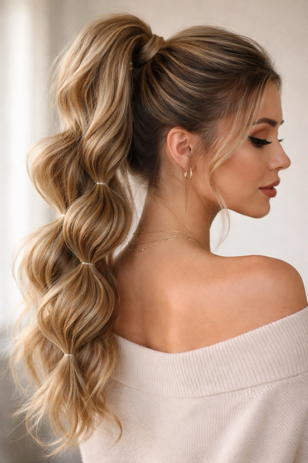 Textured bubble ponytail with stacked segments on a model