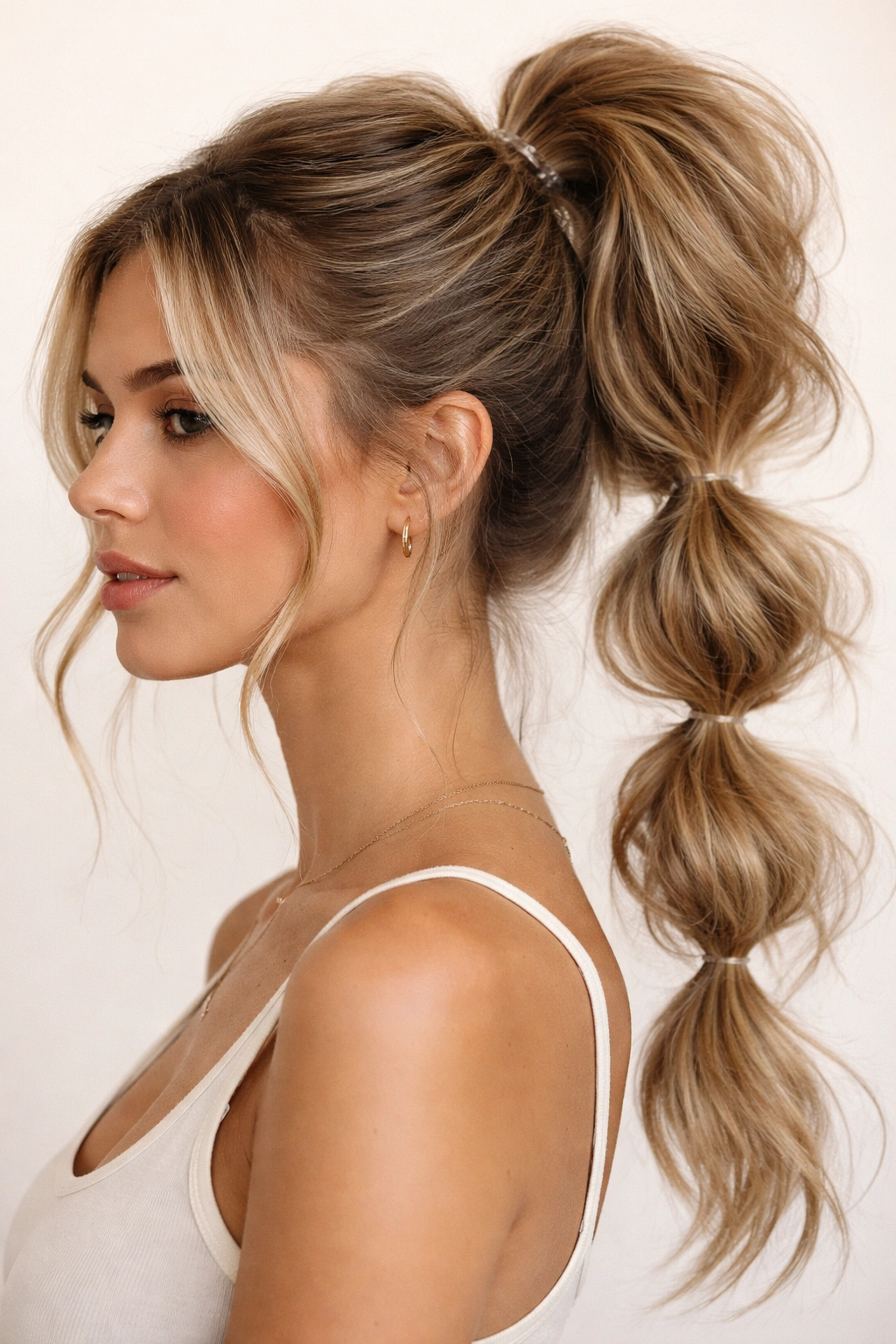 Close-up of a high ponytail with loose bubble sections and undone texture