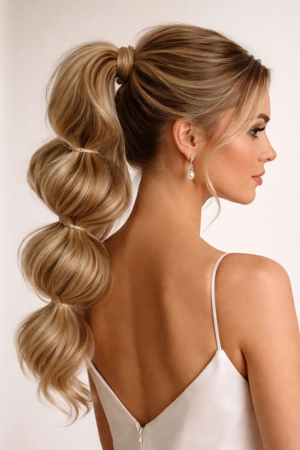 High bubble ponytail with distinct elastic-segment sections