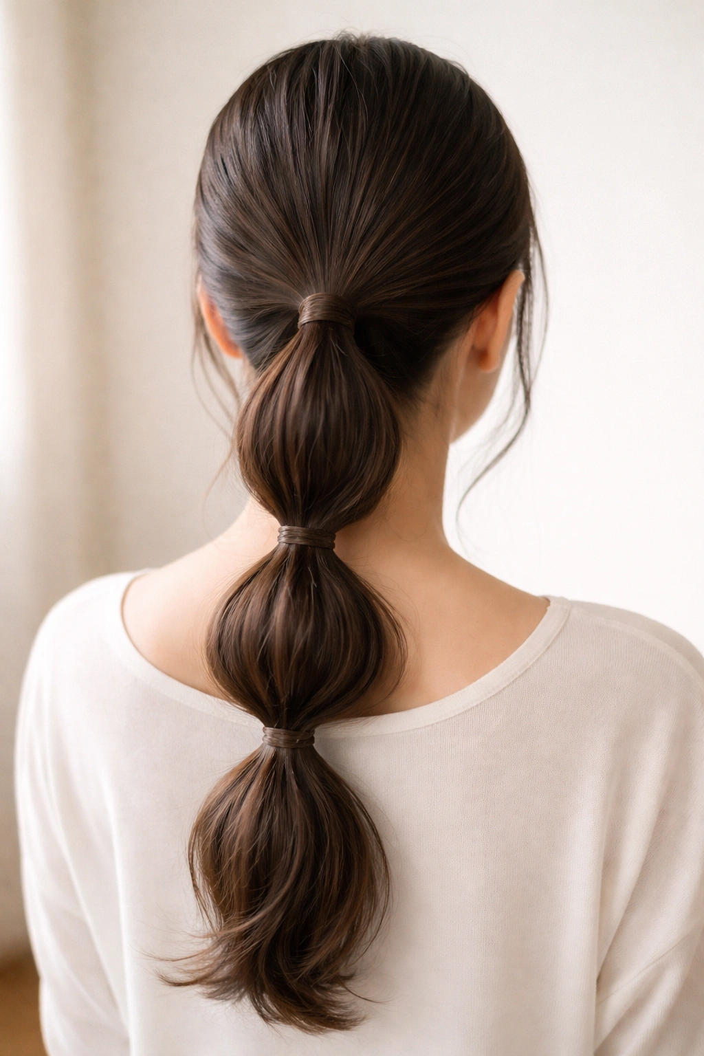 Back view of a low bubble ponytail with subtle rounded sections
