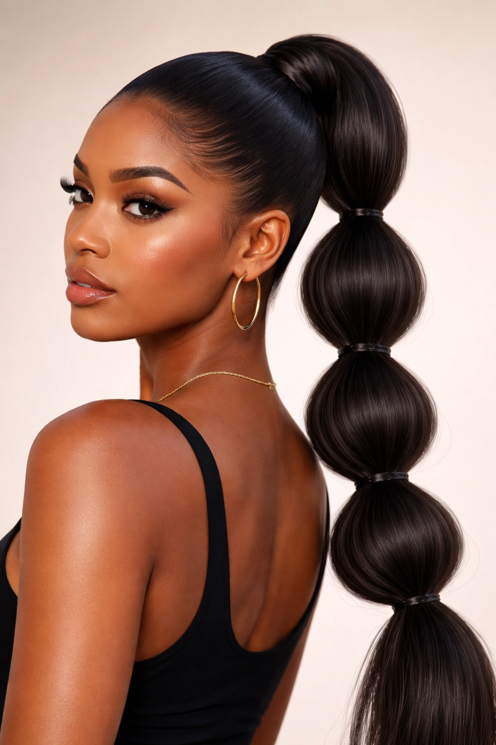 Bubble ponytail with sleek roots and defined bubbles along the length