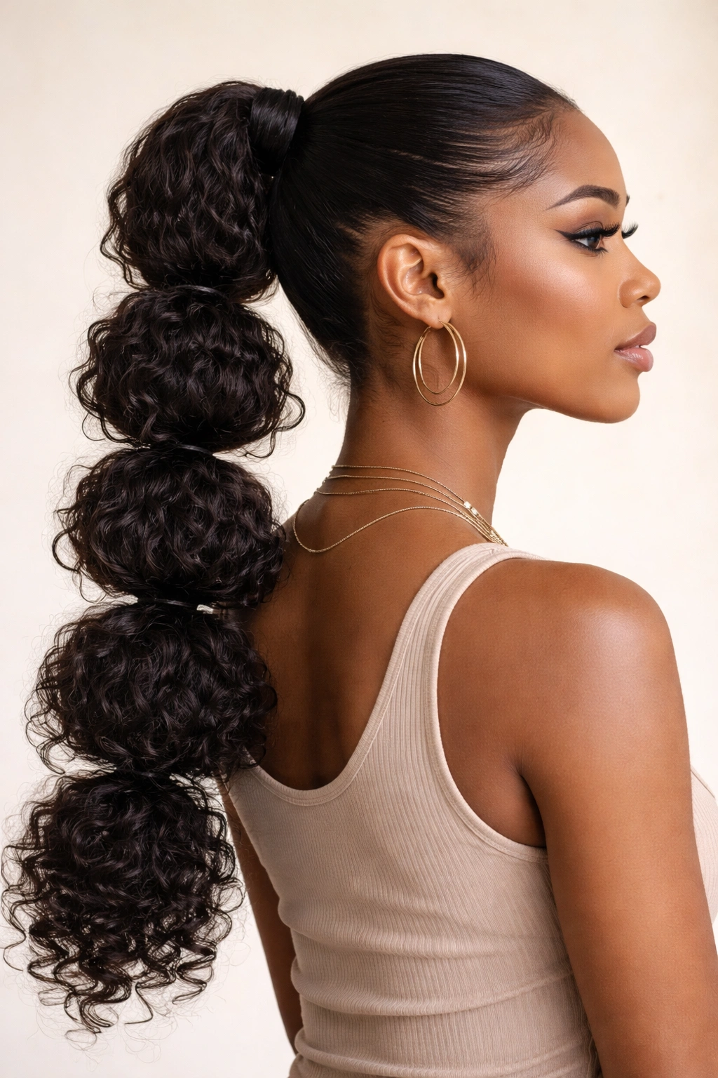 Bubble ponytail with weave showing segmented elastic bubbles and curly texture.