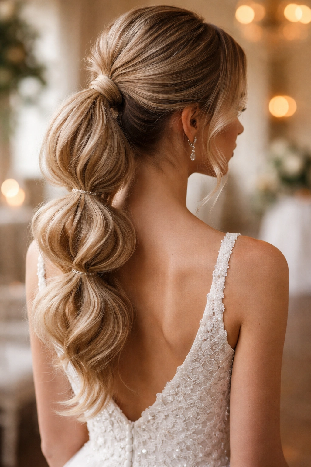 Bubble ponytail with soft, rounded bubbles for a dramatic wedding look