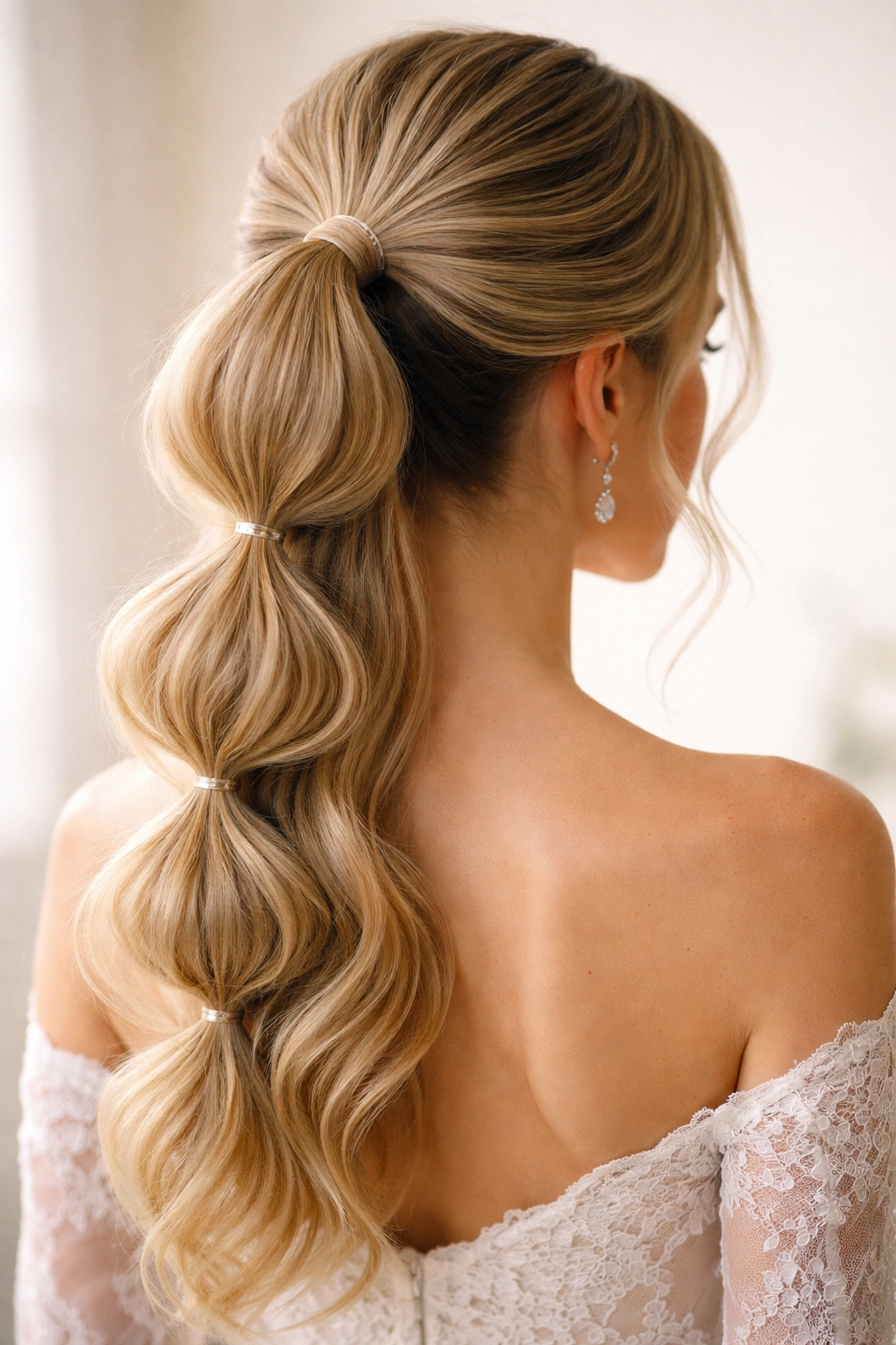 Bubble ponytail with elastic bubbles along length