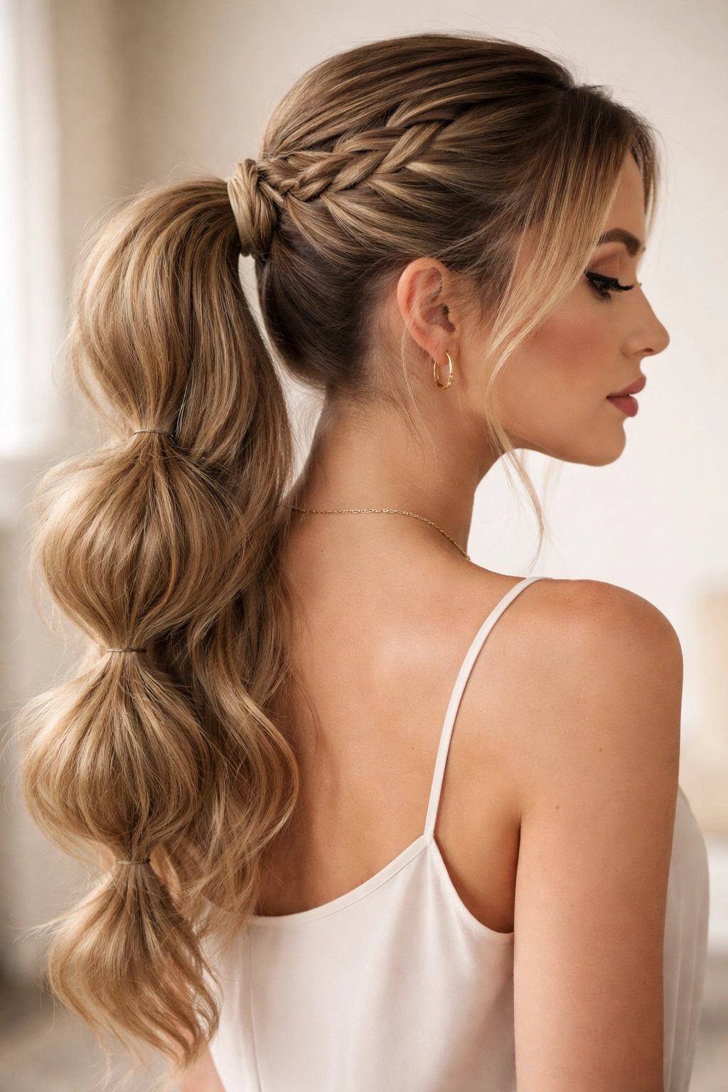 Bubble ponytail base with woven crown texture