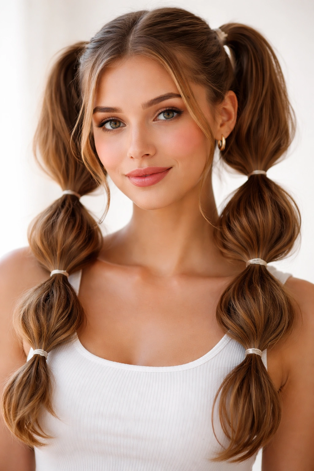 Close-up of double bubble ponytails with stacked bubble segments on long hair.