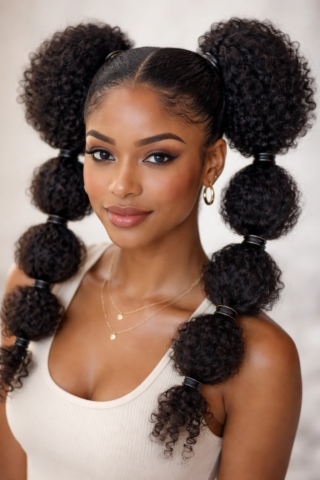 Bubble double ponytails with elastic sections creating rounded bubbles