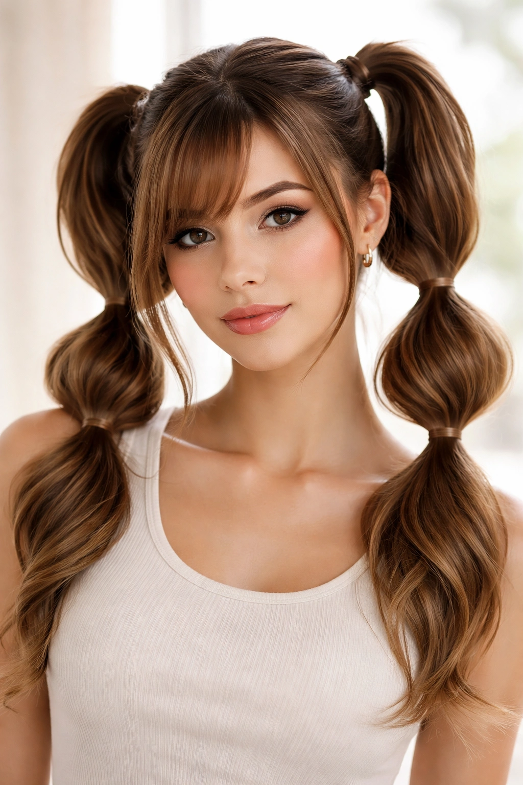 Bubble double ponytails with side-swept bangs showcasing playful volume