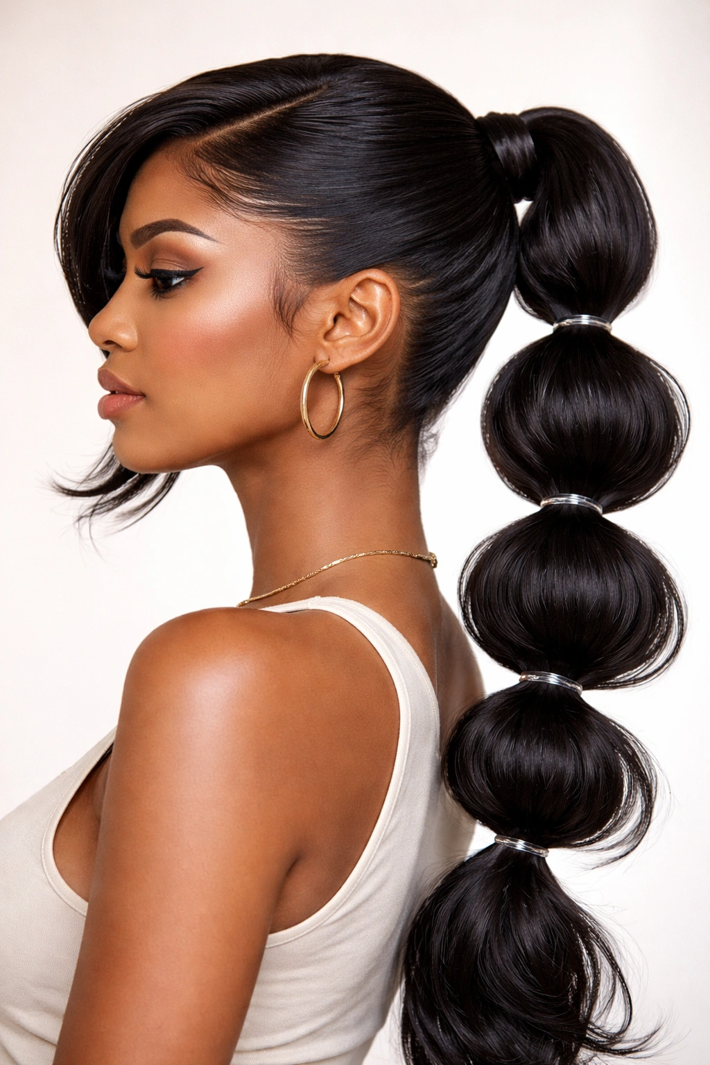 Profile view of bubble swoop ponytail showing elastic-separated bubbles along the swoop