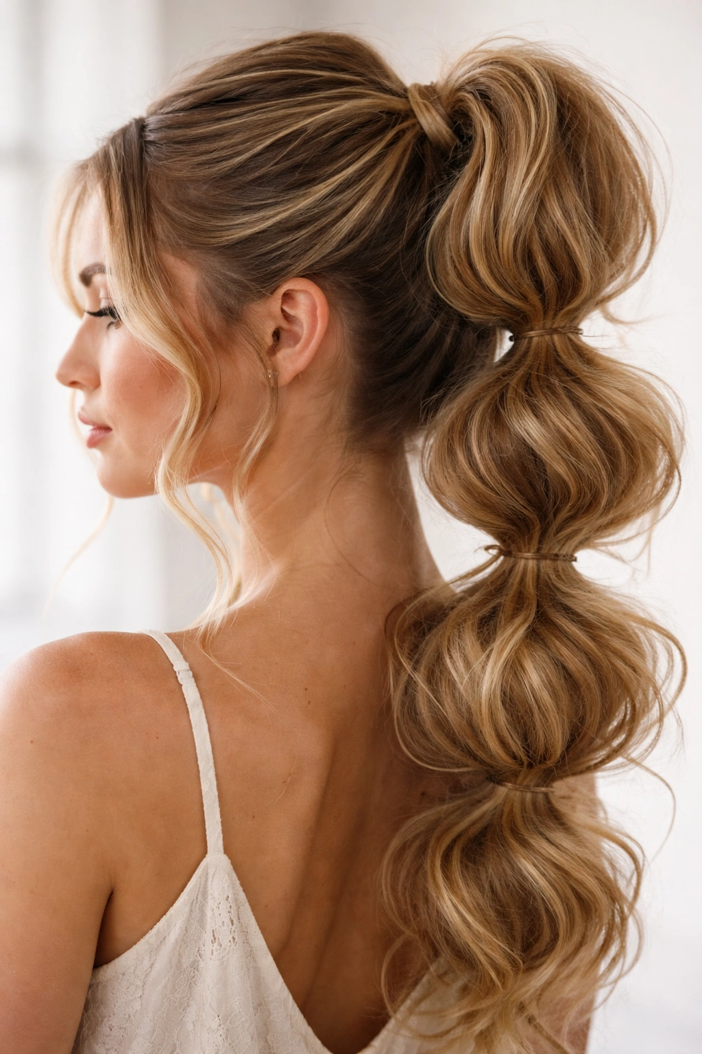 Soft bubble updo with textured sections and loose waves.