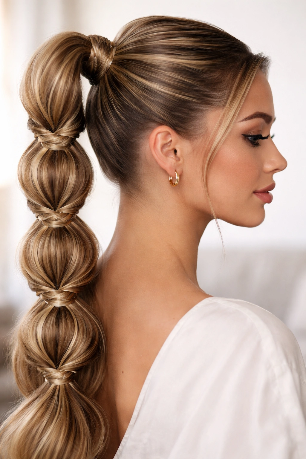 Ponytail with bubble sections and interwoven double weave for playful sophistication