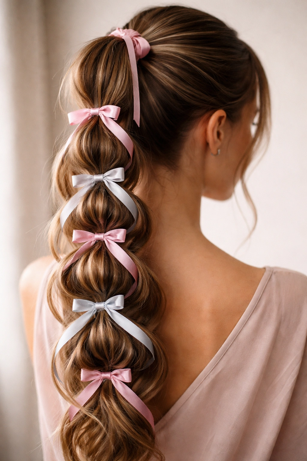 Close-up of bubble weave ponytail with ribbons weaving through bubbles