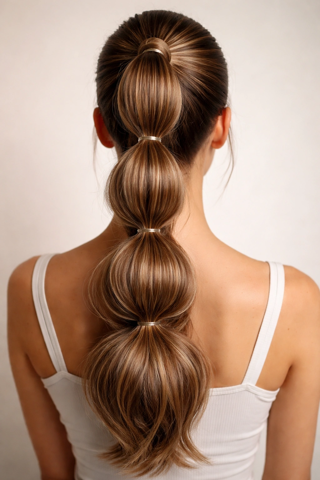 Back view of a classic high bubble weave ponytail with evenly spaced bubbles and glossy finish