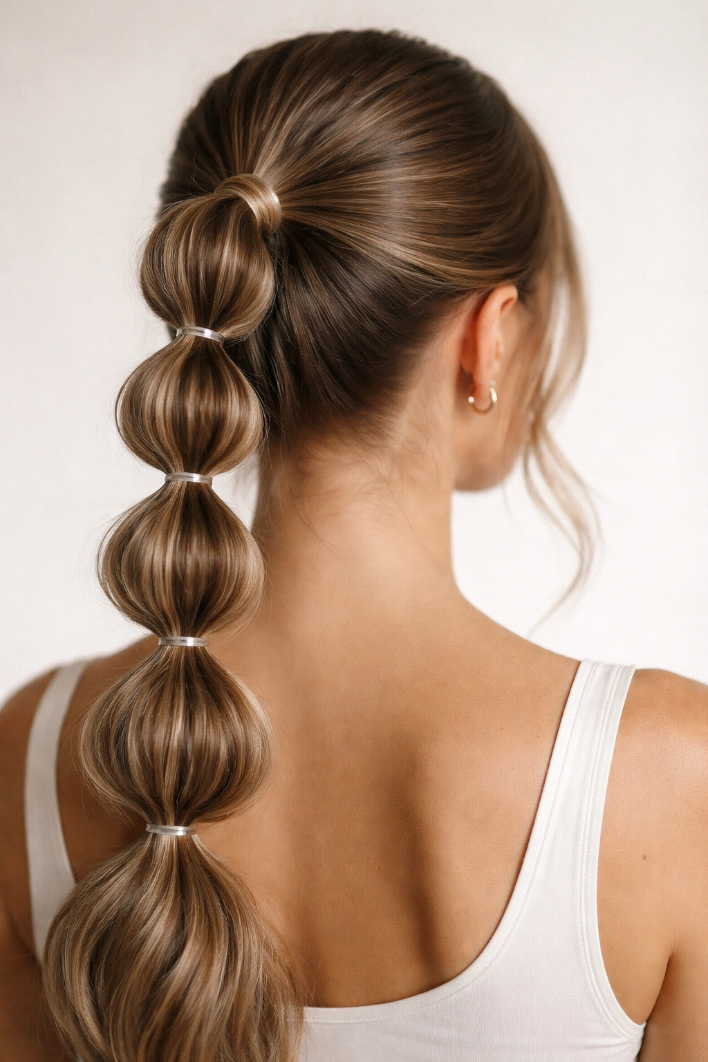 Close-up of two high bubble weave ponytails with evenly spaced bubbles on the back of a model's head