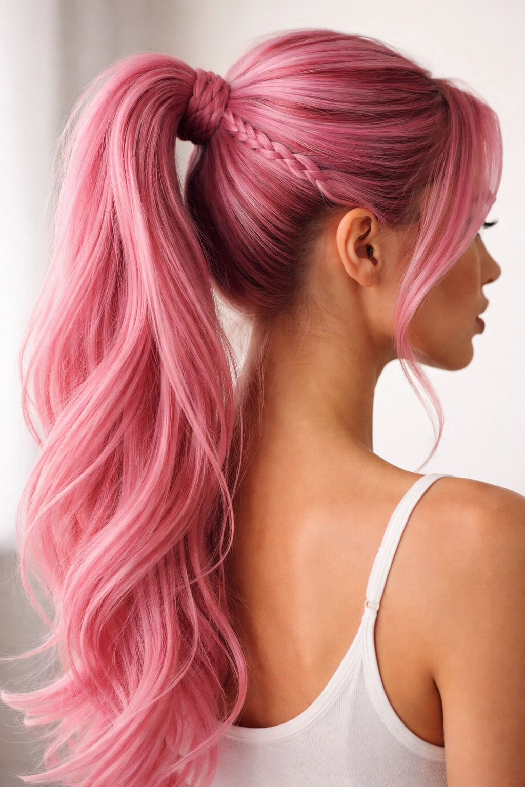 Bubblegum pink braided wrap ponytail with base wrap