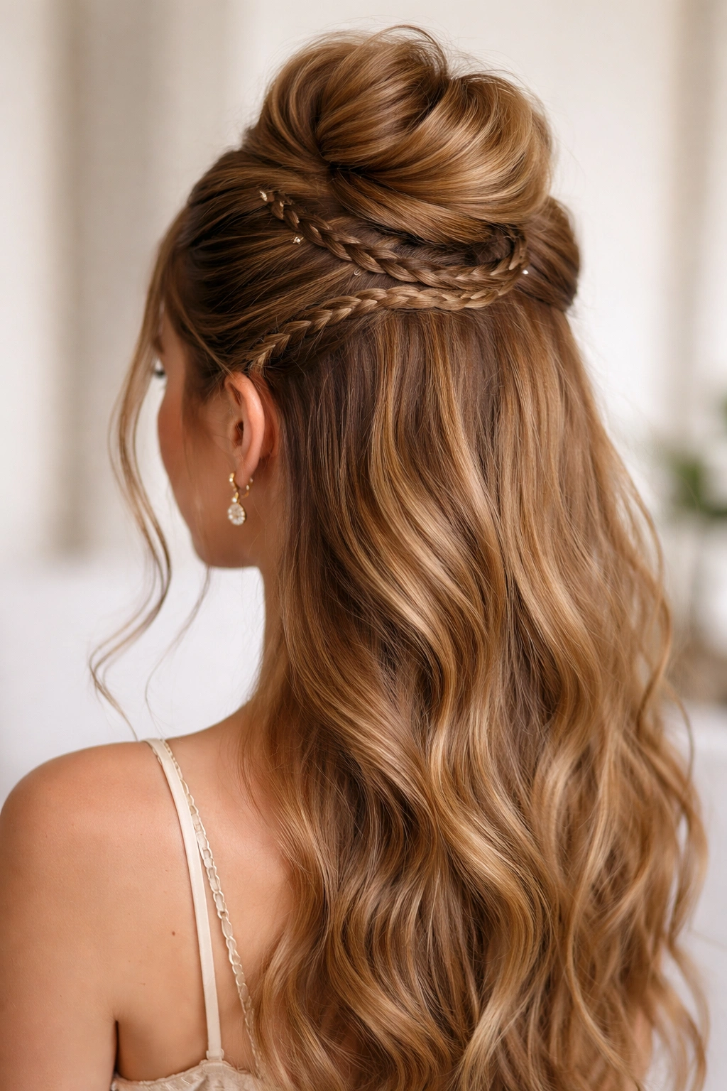 Close-up of a crown bun with baby braids wrapped around the base