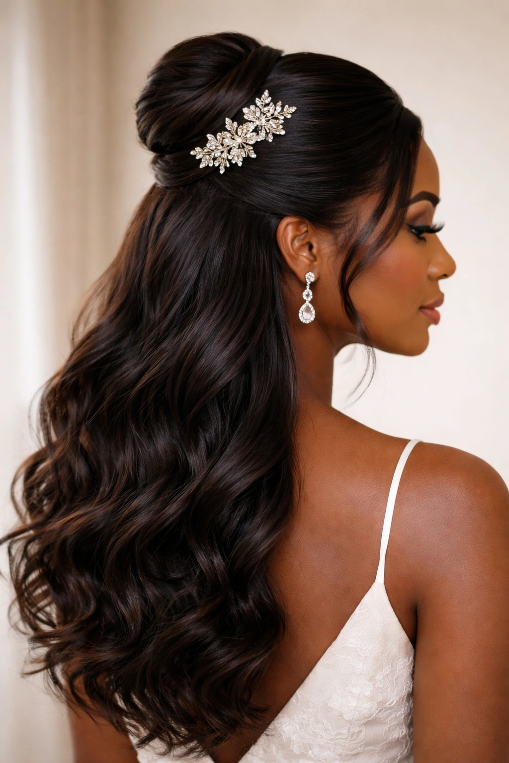 Close-up of a bridesmaid hairstyle featuring an elegant bun half-up with an ornamental pin.
