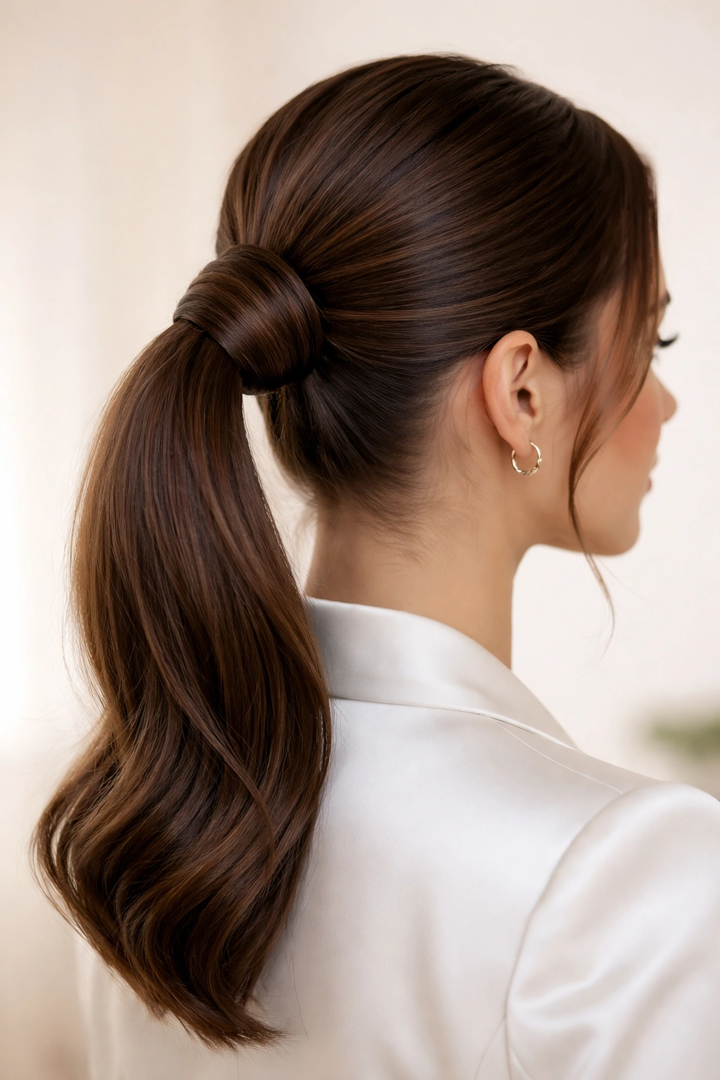 High ponytail with twisted ends wrapped into a compact bun for a polished hybrid look