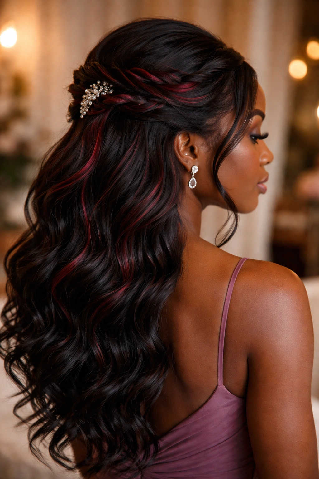 Half-up hairstyle with burgundy jewel-toned color accents woven into twists