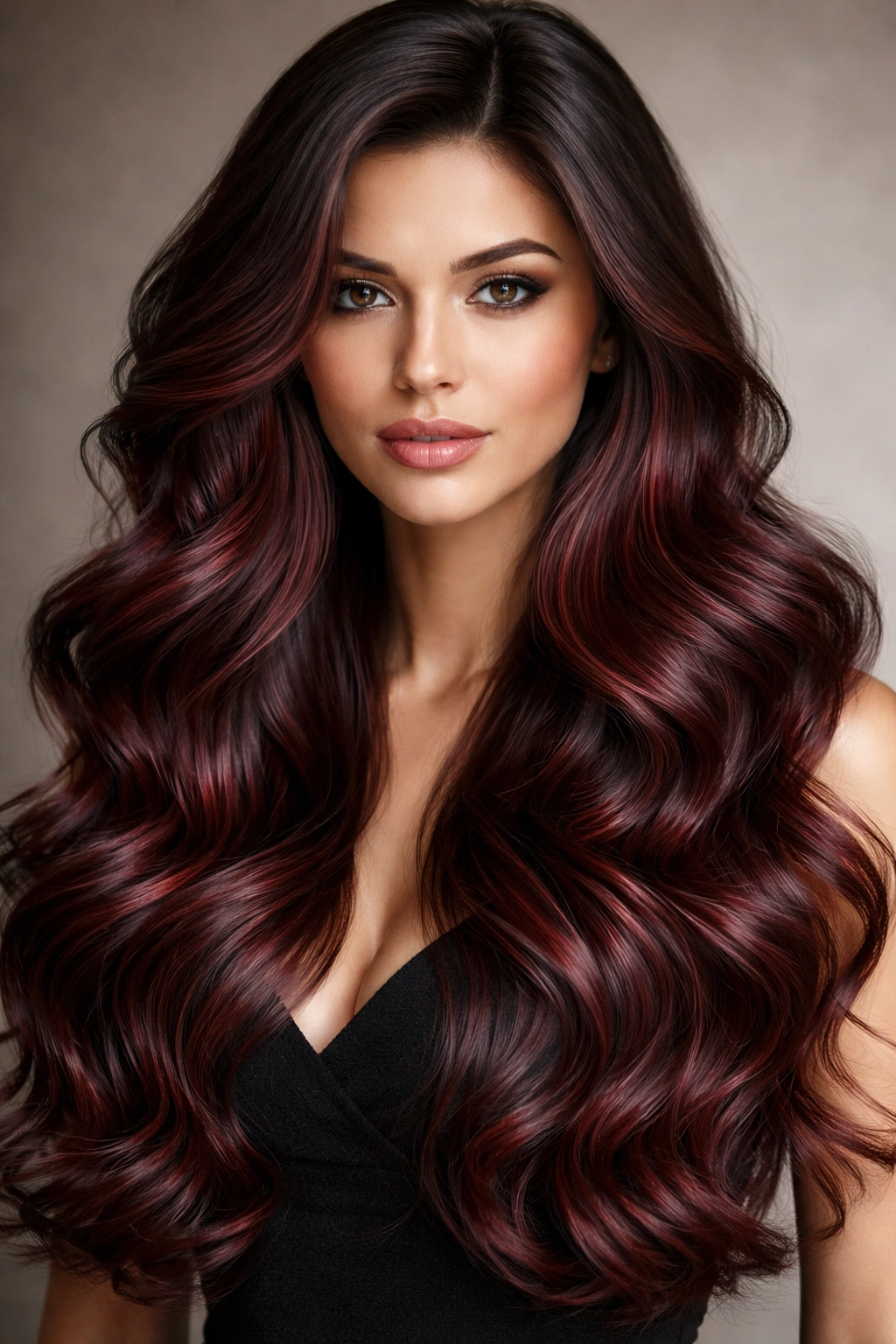 Voluminous glamorous waves with burgundy balayage under studio lighting
