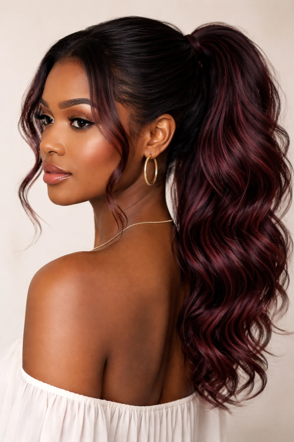 Close-up of burgundy balayage ponytail with loose waves and face-framing pieces