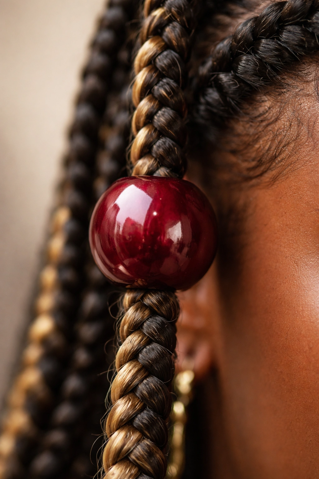 Close-up of a single burgundy high-gloss bead on a Fulani braid with dramatic lighting