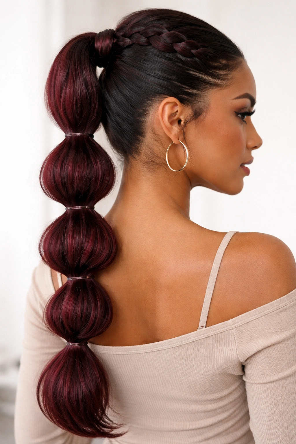 Bubble braided burgundy ponytail with elastic segments