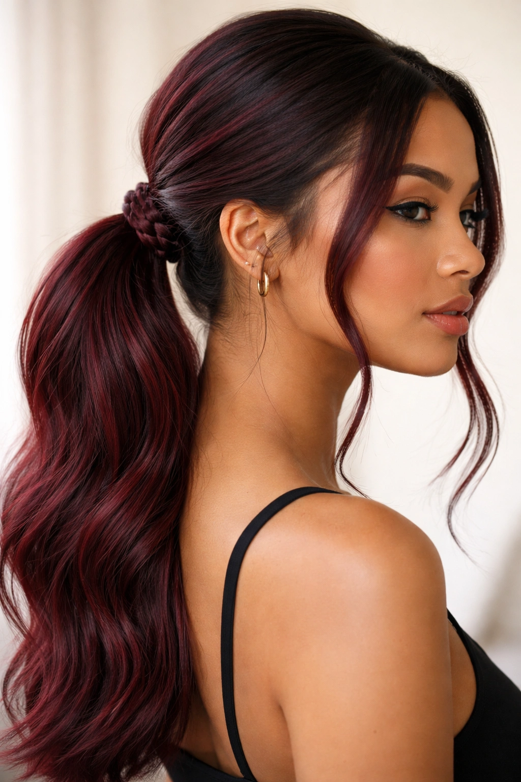 Low burgundy braided ponytail with face-framing strands