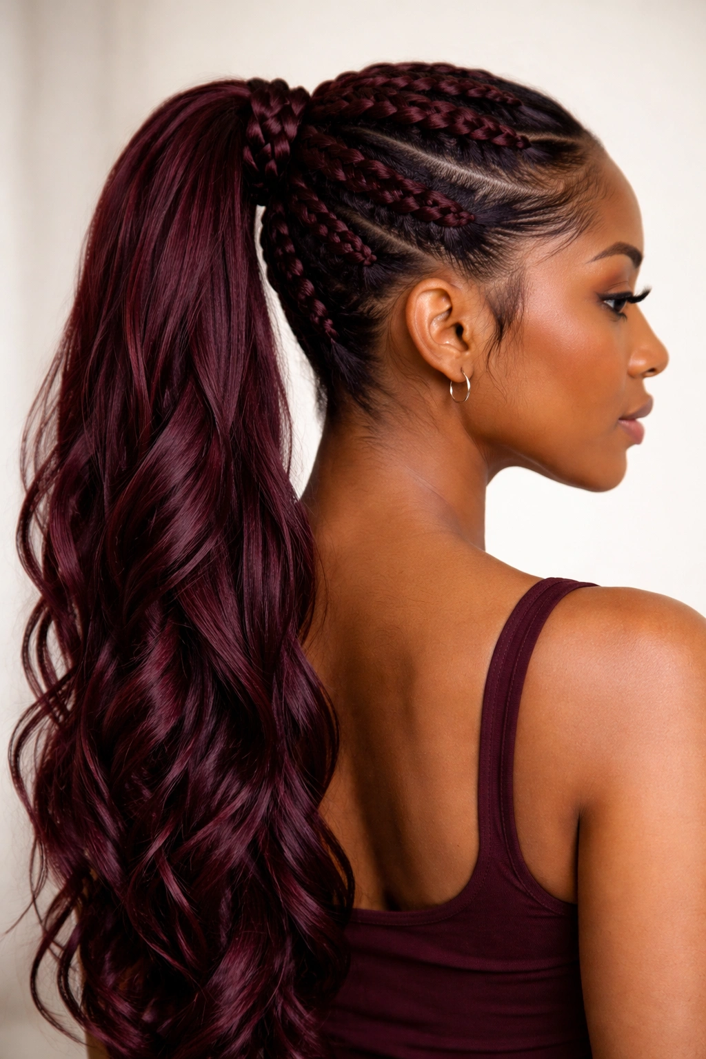 Close-up of burgundy braided ponytail on a model with rich color and detailed braid texture