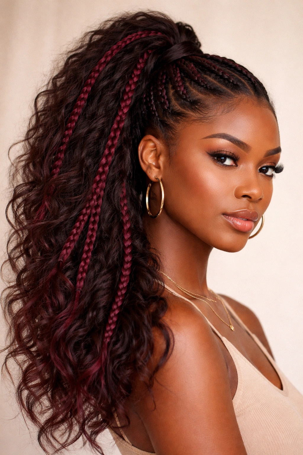 High ponytail with burgundy braids woven throughout for textured dimension